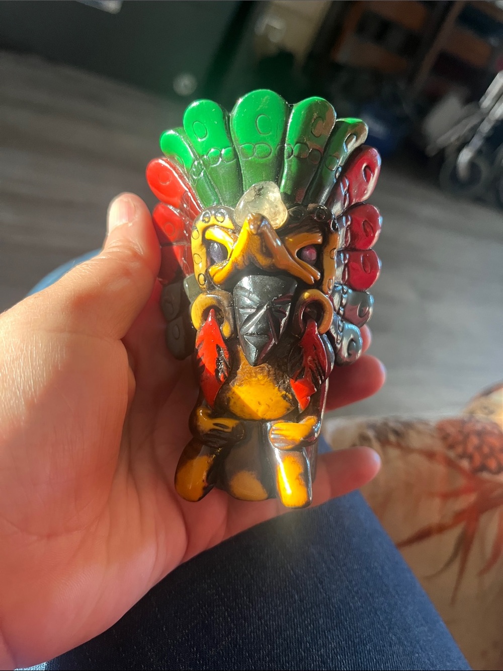 Colorful Tribal Headdress Figurine - Red Green Yellow Black